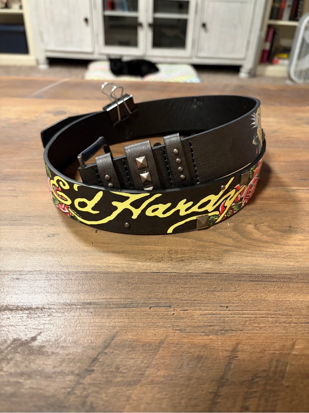 Ed Hardy Black Studded Tattoo Men's Belt Skull Tiger Rose Graphic Buckle 36 NWT